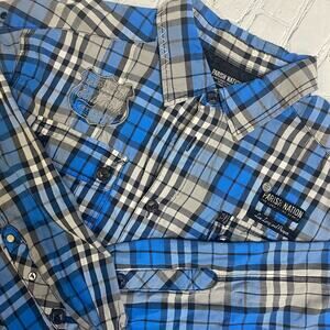Paris nation biker punk grunge plaid patched rock heavy metal‎ ave flannel 2xl